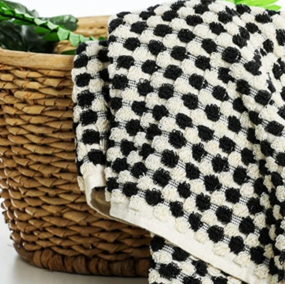 Turkish Cotton Spa Hair Peshtemal Hand Towel Black Ivory Pom Pom Houndstooth - Picture 7 of 8